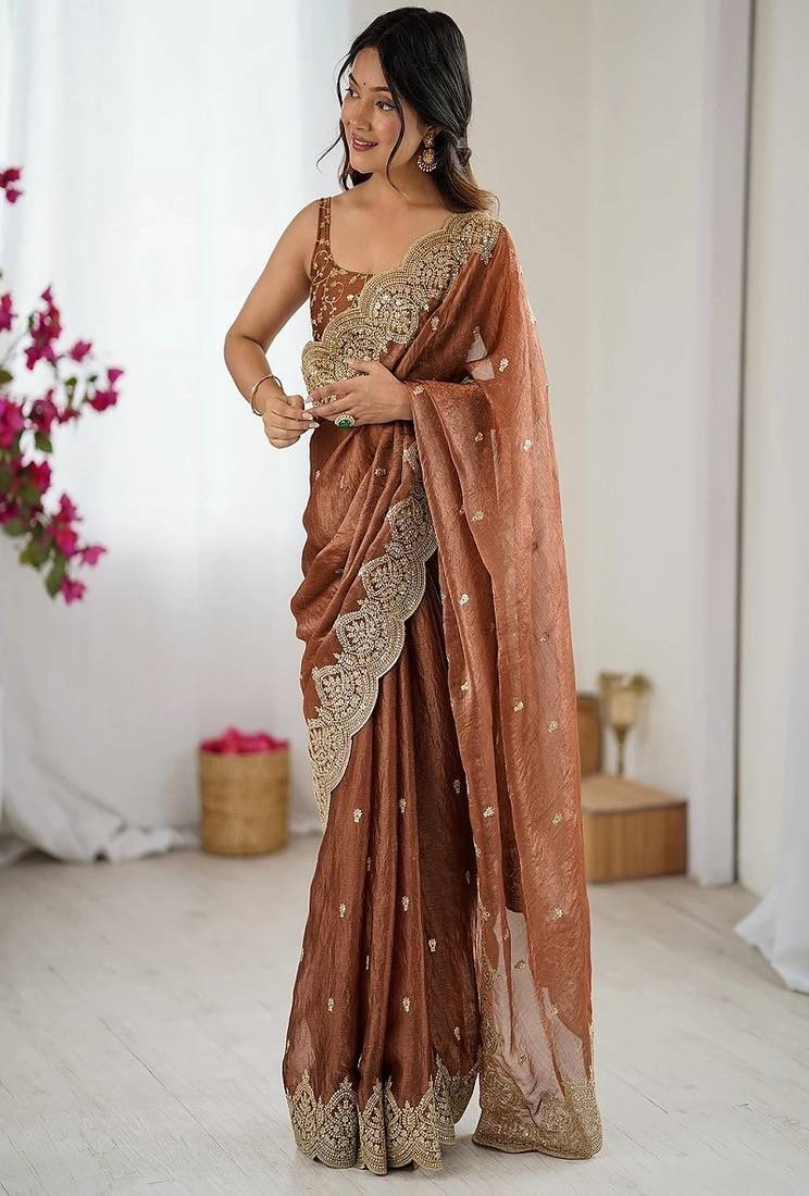 Women's satin silk saree with elegant lace border party wear designer saree