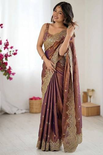 Women's satin silk saree with elegant lace border party wear designer saree