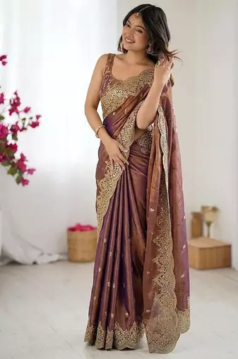 Women's satin silk saree with elegant lace border party wear designer saree