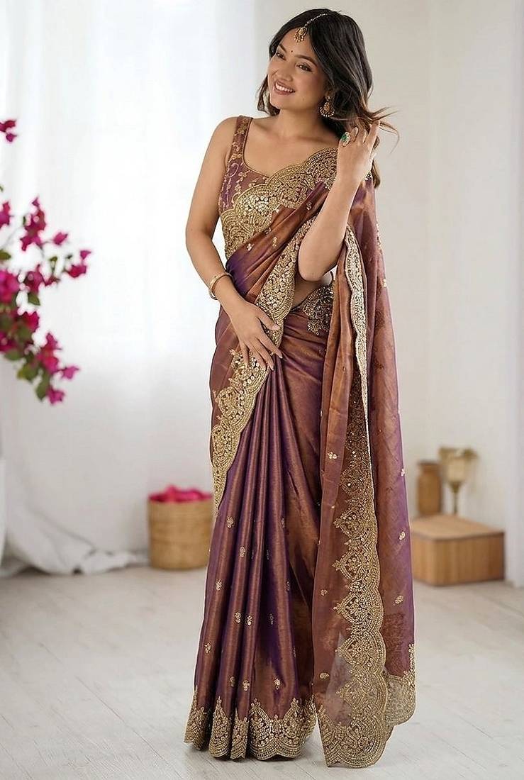 Women's satin silk saree with elegant lace border party wear designer saree