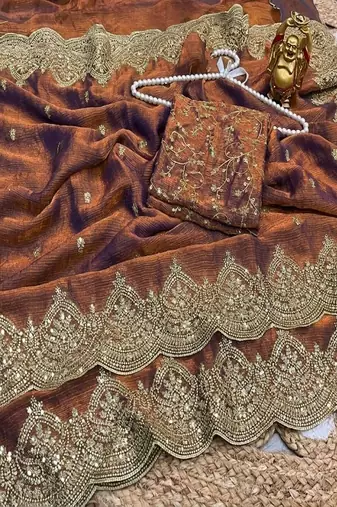 Women's satin silk saree with elegant lace border party wear designer saree