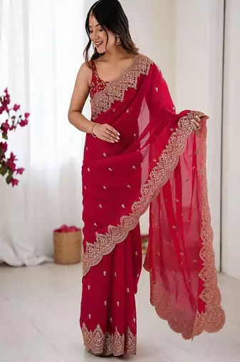 Women's satin silk saree with elegant lace border party wear designer saree