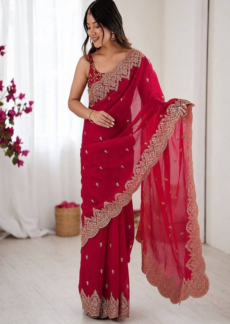 Women's satin silk saree with elegant lace border party wear designer saree