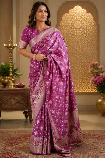 Women soft silk blend violet geomatric buttis banarasi saree