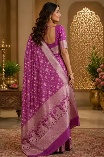 Women soft silk blend violet geomatric buttis banarasi saree