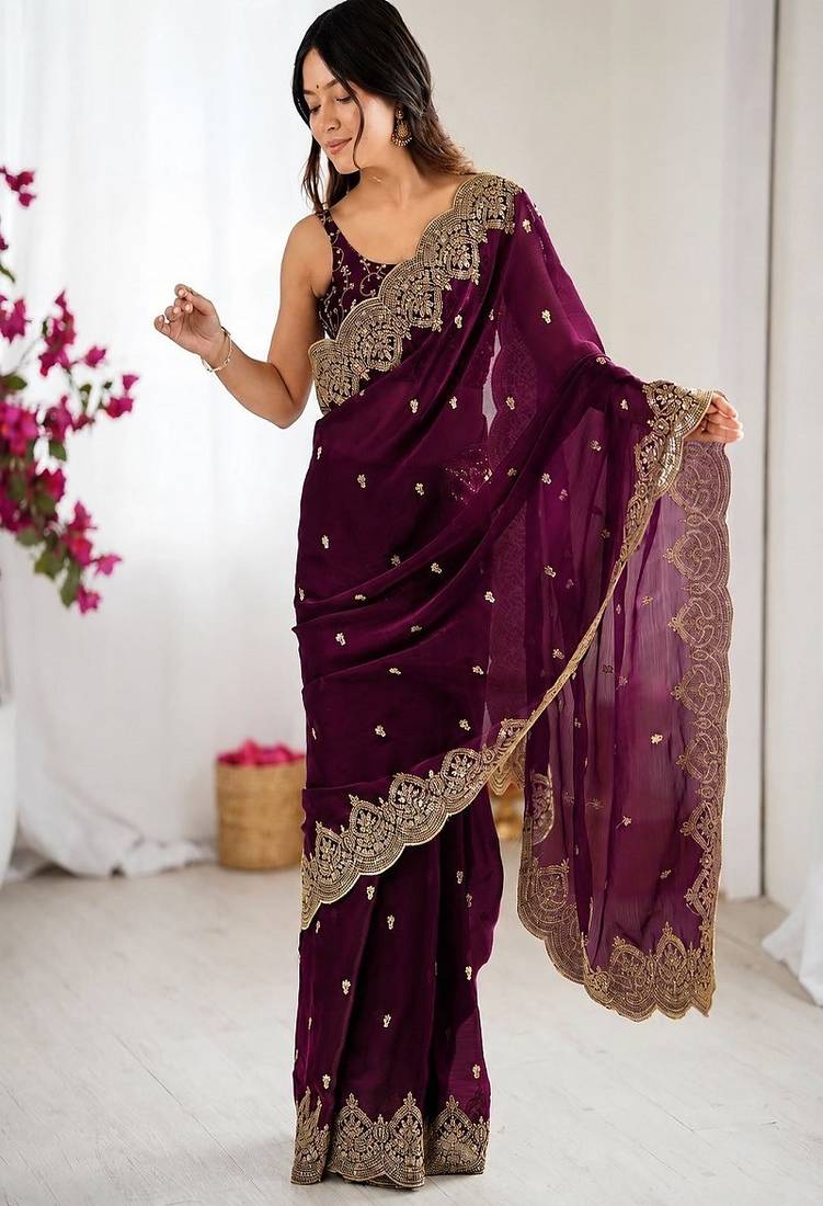 Women's satin silk saree with elegant lace border party wear designer saree