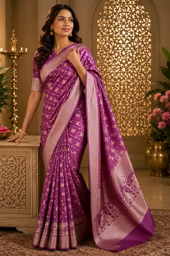 Women soft silk blend violet geomatric buttis banarasi saree