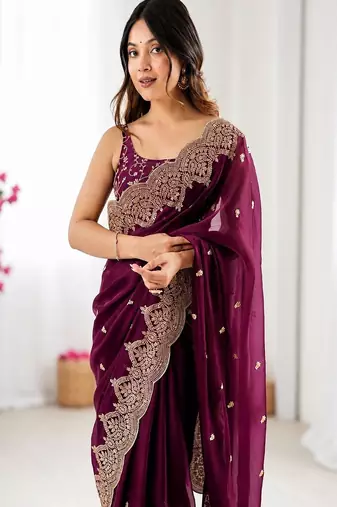 Women's satin silk saree with elegant lace border party wear designer saree