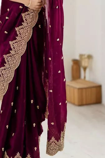 Women's satin silk saree with elegant lace border party wear designer saree