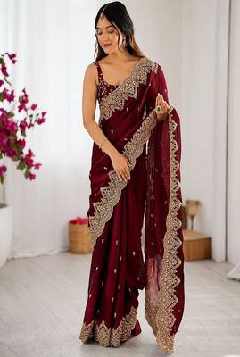 Women's satin silk saree with elegant lace border party wear designer saree 1