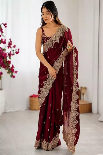 Women's satin silk saree with elegant lace border party wear designer saree