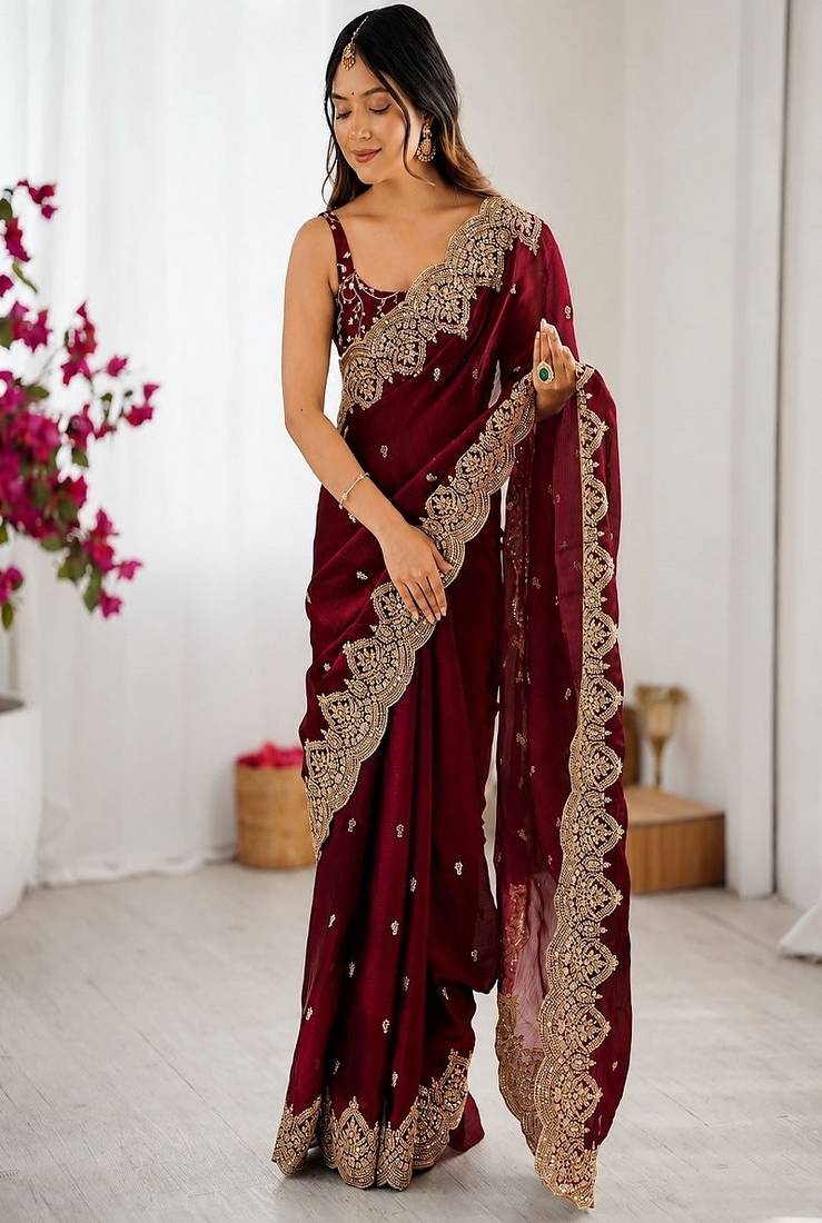 Women's satin silk saree with elegant lace border party wear designer saree