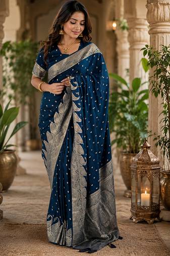 Women soft silk blend navy blue small ethnic butti banarasi saree