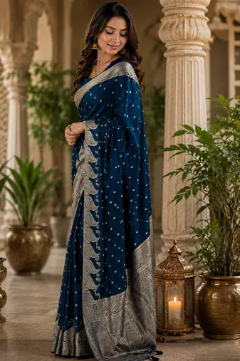 Women soft silk blend navy blue small ethnic butti banarasi saree
