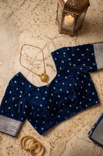 Women soft silk blend navy blue small ethnic butti banarasi saree