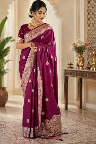 Women soft silk blend maroon circular motifs banarasi saree