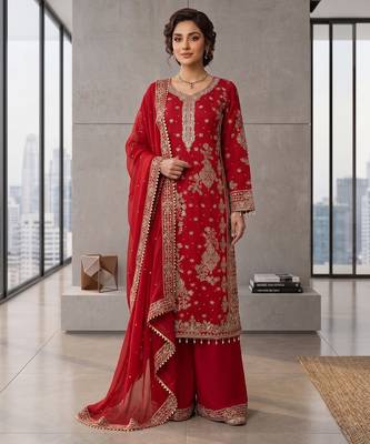 Red embroidered straight kurta palazzo set with dupatta 1