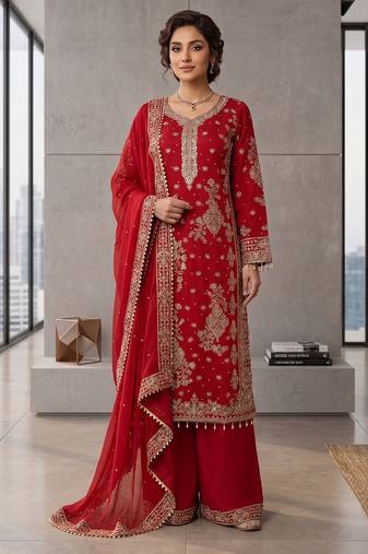 Red embroidered straight kurta palazzo set with dupatta