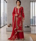 Red embroidered straight kurta palazzo set with dupatta