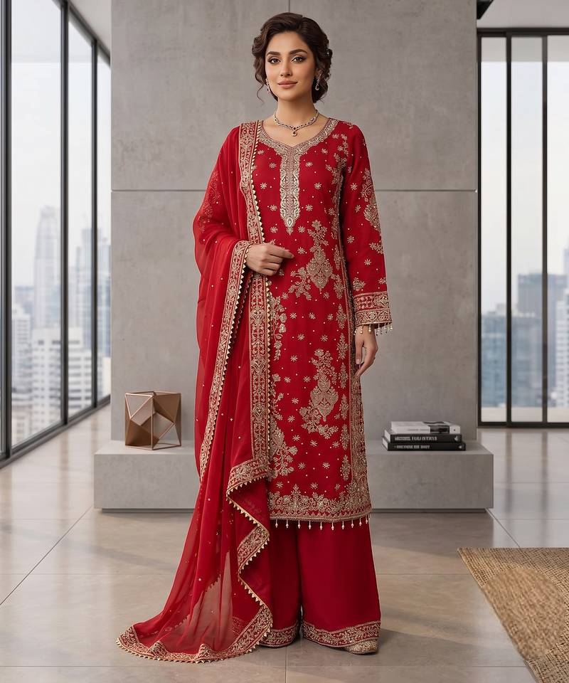Red embroidered straight kurta palazzo set with dupatta