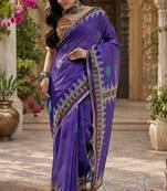 Women linen purple floral & geomatric motifs bollywood saree