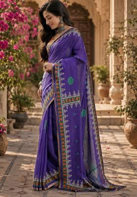Women linen purple floral & geomatric motifs bollywood saree 2