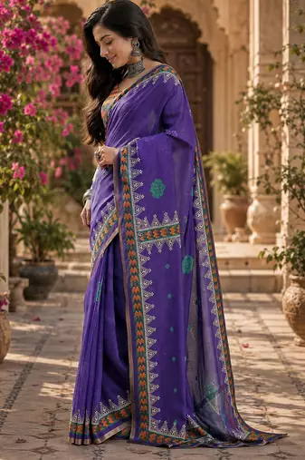 Women linen purple floral & geomatric motifs bollywood saree