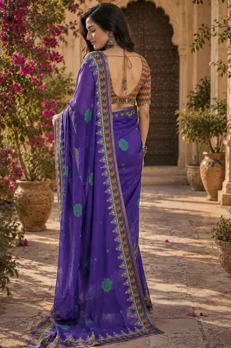 Women linen purple floral & geomatric motifs bollywood saree