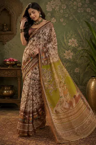 Women linen cream & brown kalamkari bollywood saree