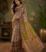Women linen cream & brown kalamkari bollywood saree
