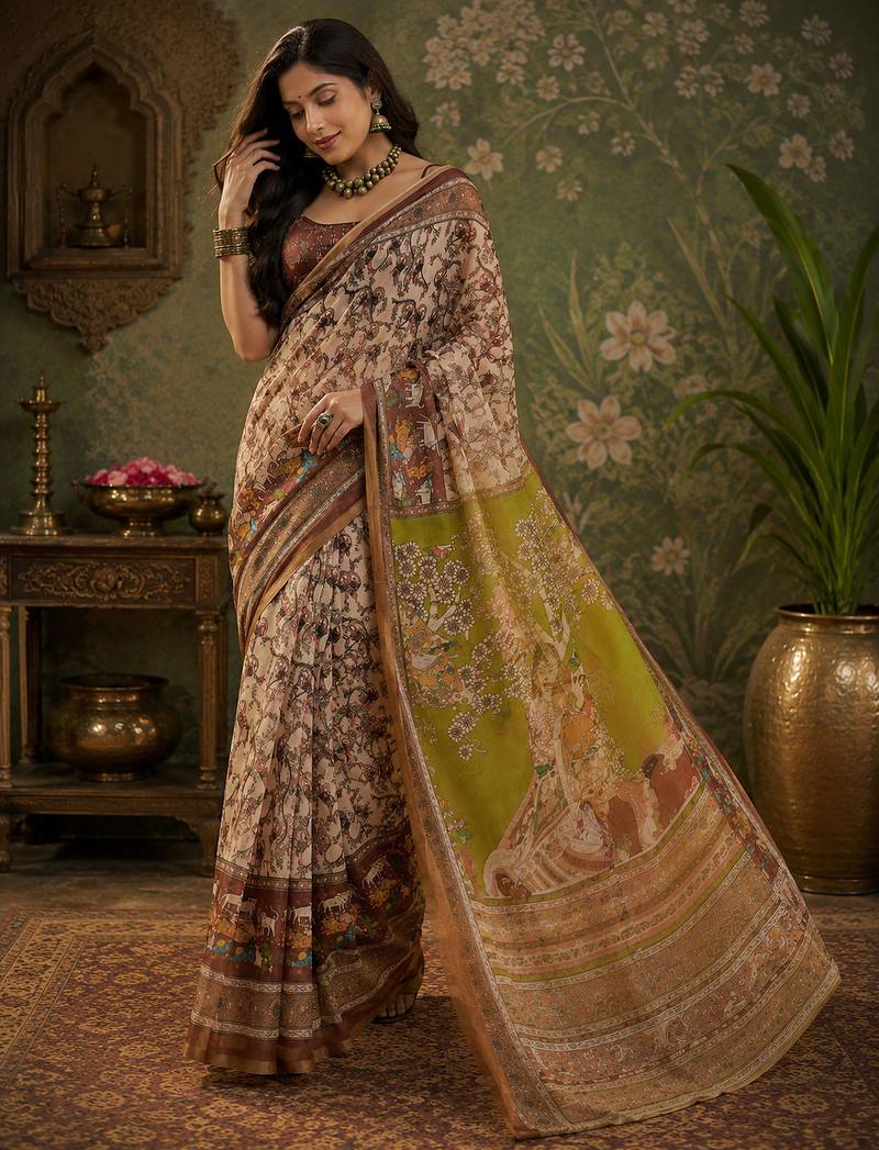 Women linen cream & brown kalamkari bollywood saree