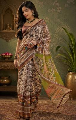 Women linen cream & brown kalamkari bollywood saree 2