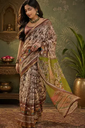 Women linen cream & brown kalamkari bollywood saree
