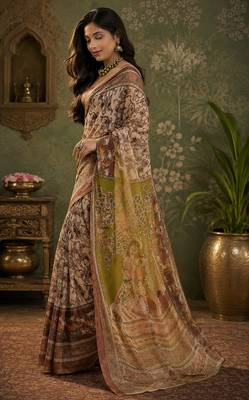 Women linen cream & brown kalamkari bollywood saree 3