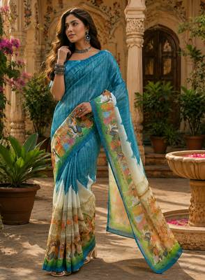 Women linen slate blue screen print bollywood saree 1