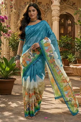 Women linen slate blue screen print bollywood saree