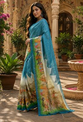 Women linen slate blue screen print bollywood saree 3