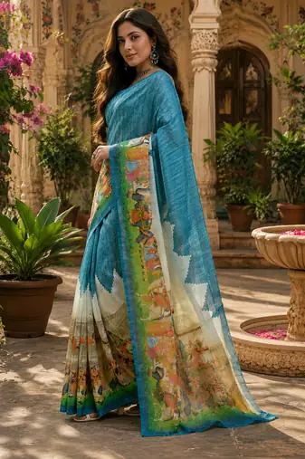 Women linen slate blue screen print bollywood saree