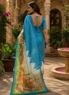 Women linen slate blue screen print bollywood saree 4