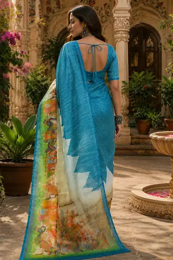 Women linen slate blue screen print bollywood saree