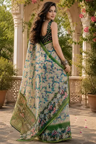 Women linen cream & green geomatric & abstract grid bollywood saree