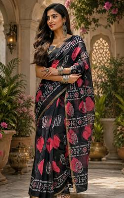 Women linen black batik print bollywood saree 1