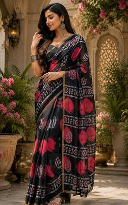 Women linen black batik print bollywood saree 2