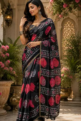 Women linen black batik print bollywood saree