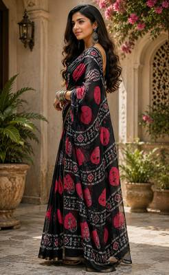 Women linen black batik print bollywood saree 3