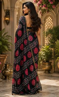 Women linen black batik print bollywood saree 4