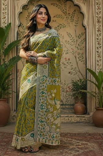 Women linen olive green kalamkari bollywood saree