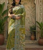 Women linen olive green kalamkari bollywood saree