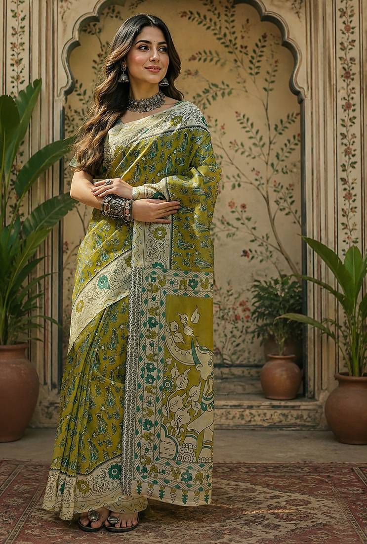 Women linen olive green kalamkari bollywood saree