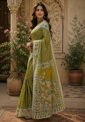 Women linen olive green kalamkari bollywood saree 2